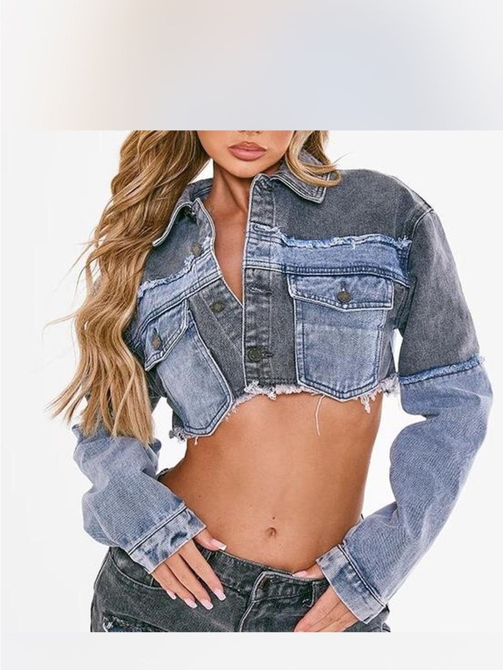 PrettyLittleThing Two-Tone Distressed Cropped Denim Jacket - Blue, Gray